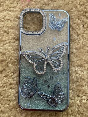 Blue Glitter Butterfly iPhone Case with Rhinestones